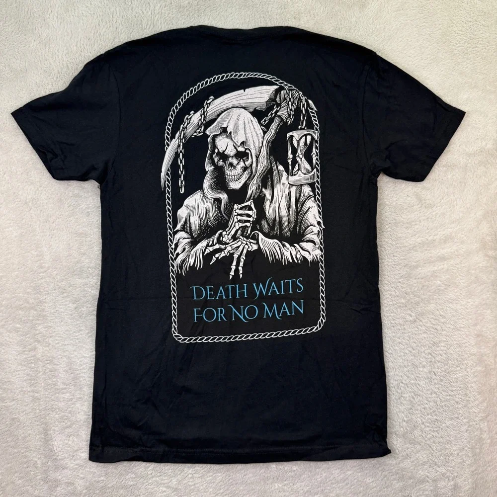 NEW Zero Foxtrot T Shirt Men Small Black Skull Death Waits For No Man Reaper - Picture 2 of 7